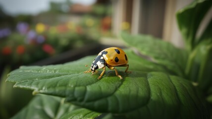 Obraz premium Ladybug on leaf in garden with flowers insect macro nature close up outdoor scene