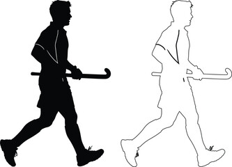 Two athletes demonstrating proper field hockey stick handling techniques while running.