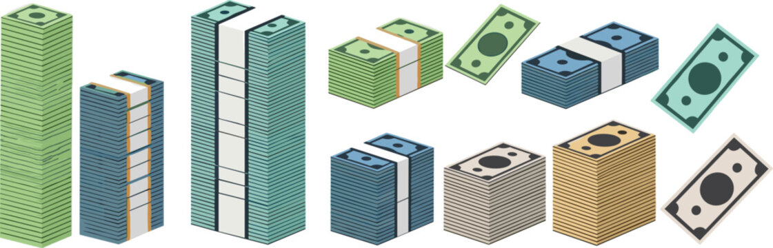 Stacked money cash bundles and banknote piles financial growth investment savings currency flat vector illustration set.