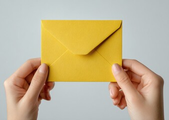 Close-up of two hands holding a bright yellow envelope against a neutral gray backdrop