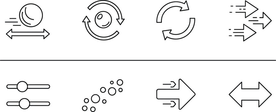 Modern arrow navigation and control icon set with refresh sync sliders fast forward editable stroke vector collection.