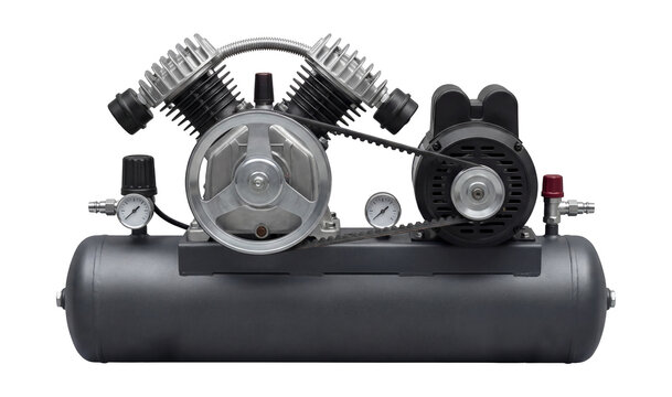 Belt-driven piston compressor with a high-pressure output.