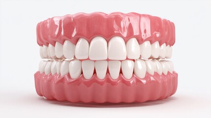 Obraz premium A dental model presents an upper and lower set of teeth with a pink gum base. The model emphasizes alignment and tooth structure for educational use in dental studies and demonstrations.