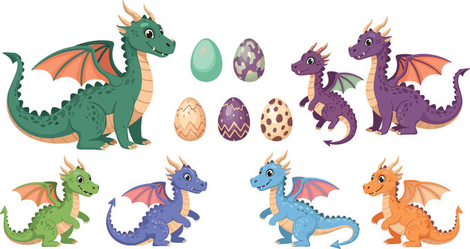Cute Cartoon Dragon Family Set with Baby Dragons, Fantasy Eggs, and Colorful Mythical Creatures for Kids Illustration, Game Characters, and Nursery Design.