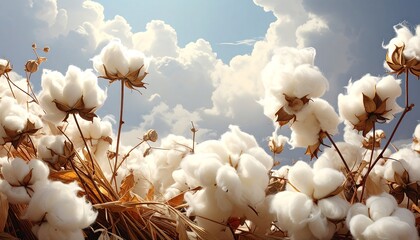 Close-up of cotton plants with fluffy bolls against a backdrop of a bright blue sky filled with puffy, white clouds