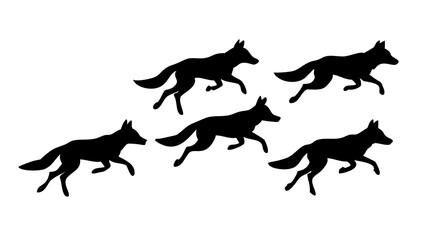 Dynamic pack of wolves captured in mid-stride against a stark white background