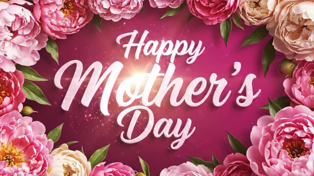 Happy Mother's Day text framed by pink peonies on magenta background