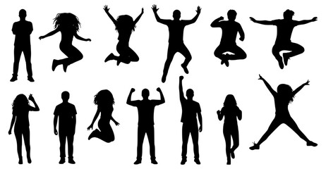 Silhouettes of young people jumping in fashionable clothes. Vector silhouettes man and women, illustration. Transparent background SVG version.