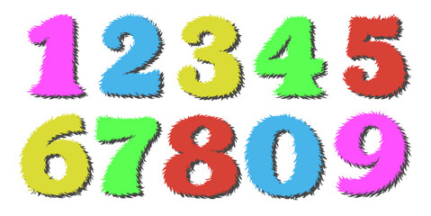 Naklejka premium Colorful furry numbers set from 1 to 9 and 0 with fluffy texture and playful style. Bright cartoon digits with soft hairy edges and bold shadow. Fun decorative number for kids design, posters, print