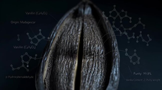 Detailed close-up of a premium vanilla bean pod from Madagascar, showcasing its rich texture and scientific molecular structure for flavor analysis