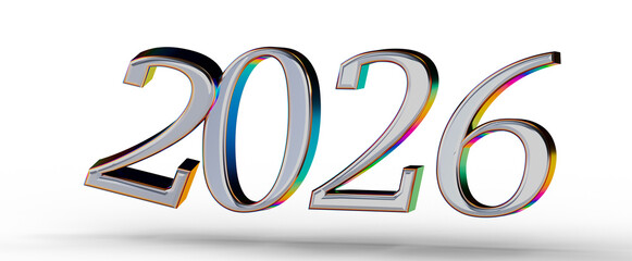 3D render of the year 2026 in shiny silver with colorful edges, perfect for new year greetings and future-themed project © vegefox.com