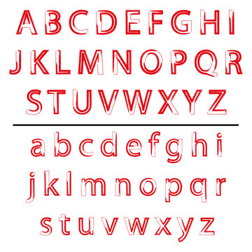 Alphabet letters uppercase and lowercase in red print. Hand drawing alphabet letter. Brush effect