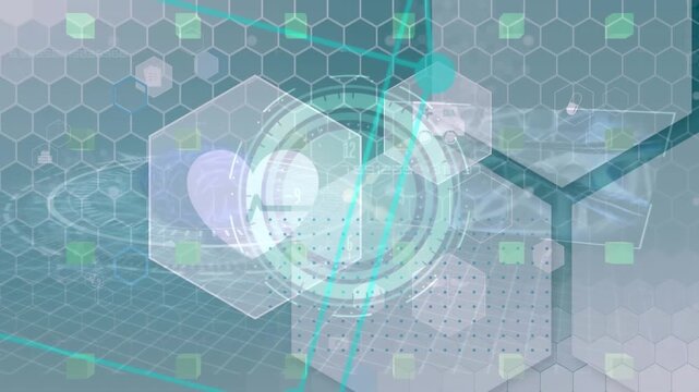 Animation of icons in hexagons, dots forming cube, lens flare over 3d cubes in background