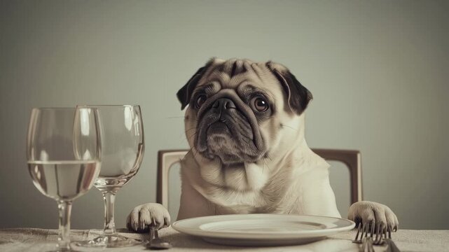 Funny pug sitting at dining table with empty plate and glasses, humorous lifestyle pet concept in home interior