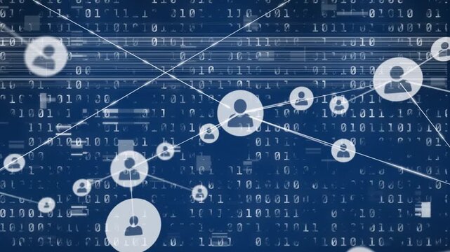 Animation of glitch effect over network of profile icons and binary coding against blue background