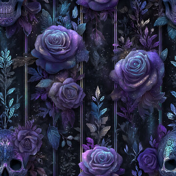 Holographic roses and butterflies & skulls seamless pattern on black background, iridescent galaxy floral wallpaper with glitter splatter