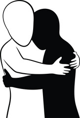 Two abstract figures hugging, symbolizing support and comfort in black and white