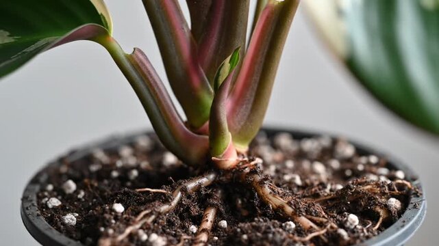 Plant roots visible in soil of potted houseplant