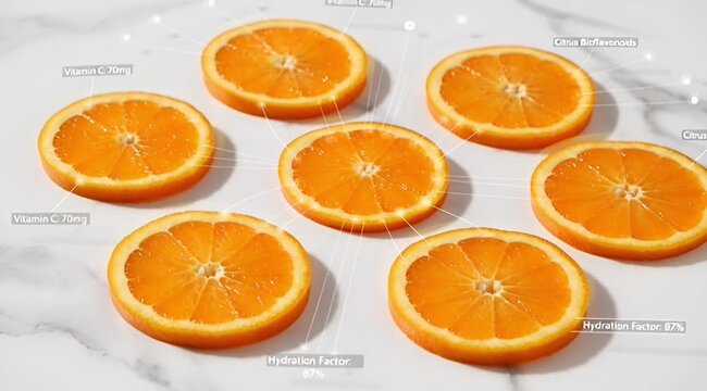 Vibrant and juicy orange slices, perfectly cut and arranged on an elegant white marble background, symbolizing freshness, healthy eating, and natural zest