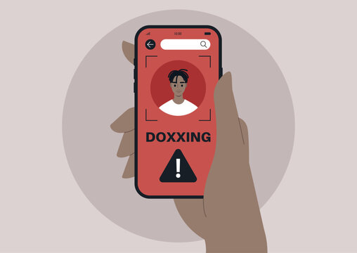 A hand holds a mobile phone displaying a striking doxxing profile, Bright red alert symbols emphasize the dangers of privacy invasion in the digital world, Awareness grows about personal safety.