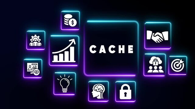CACHE acronym surrounded by neon icons representing business concepts on a dark background CACHE