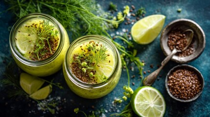 Fresh Green Smoothies with Lime and Dill Garnish on a Rustic Wooden Table Surrounded by Herbs and Ingredients for a Healthy Lifestyle