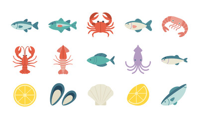 Obraz premium Seafood flat vector illustration set with fish crab shrimp lemon isolated elements, easily editable.