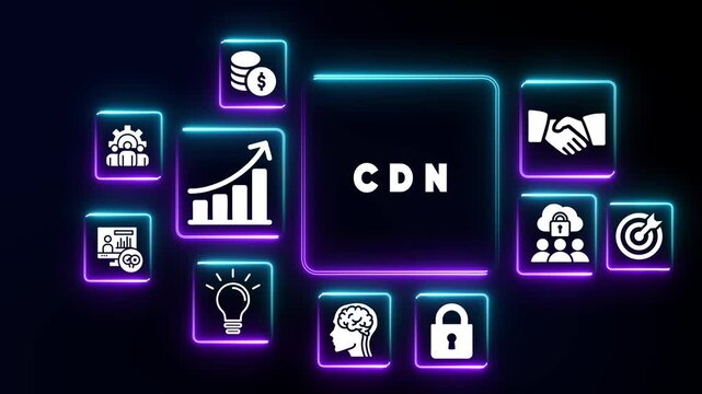 CDN acronym in a glowing neon frame surrounded by business and technology icons on a dark background