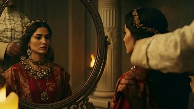Regal woman looking in mirror while servant adorns her with ornate gold jewelry for historical elegance concept and opulent luxury lifestyle