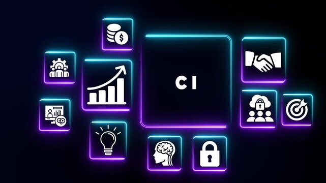 CI acronym in glowing neon square surrounded by business and finance icons on dark background image