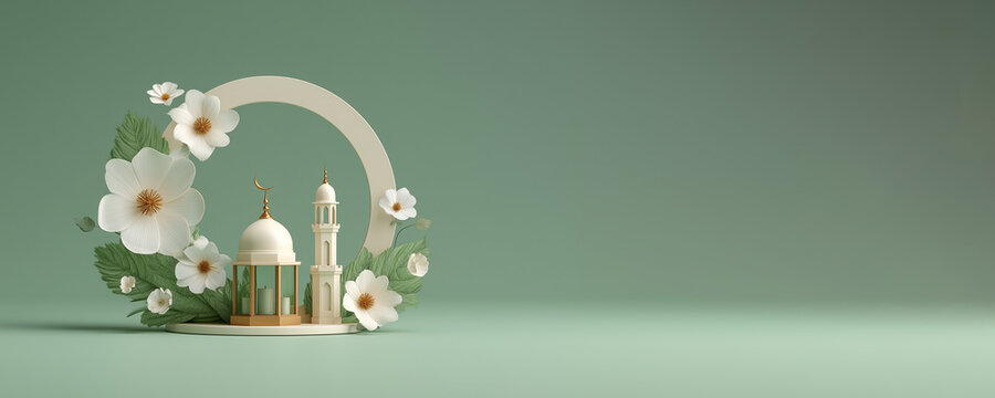 3d rendered a miniature mosque with spring flowers on a pastel green background, ramadan and eid concept banner with the copy space