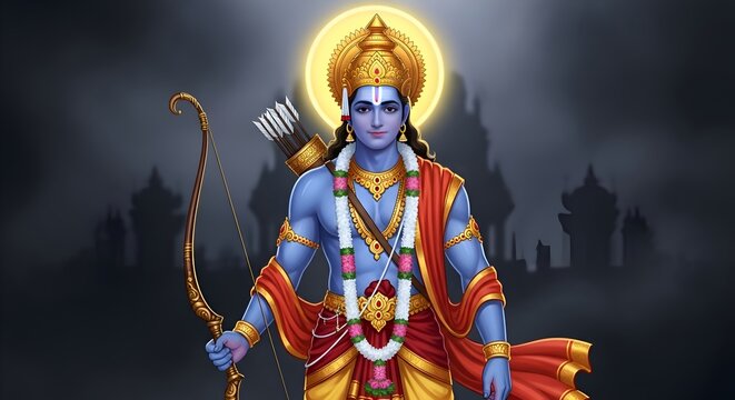 Lord Rama in a powerful stance, holding a bow, ready to defend righteousness with divine energy