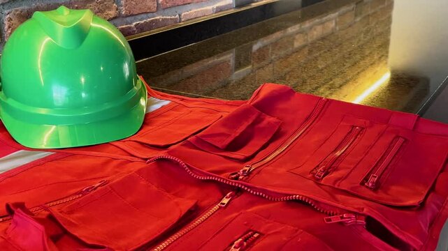 Panning shot of red safety vest and green helmet resting on stone table at construction site