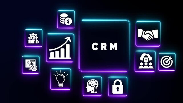 Neon Icons Representing CRM Business Concepts on Dark Background customer relationship management
