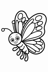 Obraz premium A cheerful cartoon butterfly with big eyes and antennae perched on a branch isolated on white background, Vector, illustration