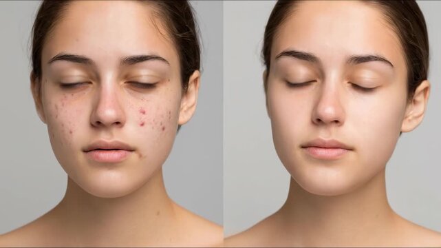 Female face with skin imperfections, before and after professional dermatological care, acne treatment, pimples reduced, pores refined, therapeutic mask, blemish coverage using cosmetic foundation