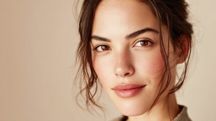 Fototapeta premium Model with loose hair and minimal makeup gazes confidently at the viewer in a soft-toned setting. The atmosphere feels calm and inviting, emphasizing her natural look.