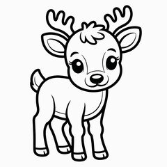 Obraz premium A cute cartoon reindeer with large antlers standing in a simple line drawing style isolated on white background, Vector, illustration