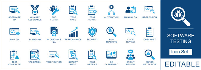  software testing icon set. Vector symbols for bug tracking, automation, performance, security, and manual QA process for web and app development. © Pixel Flat Design