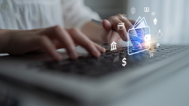 Modern mobile banking concept featuring secure digital wallet interface, contactless NFC payment, and money transfer. Represents safe user financial buy transactions in a cashless society. Corpus