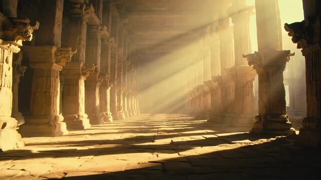 Dramatic sun rays illuminating ancient stone pillars within a grand temple hallway for a spiritual journey concept and quest for knowledge