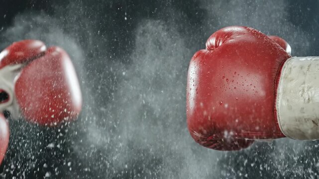 Two vibrant red boxing gloves intensely colliding, generating a powerful explosion of white powder, symbolizing strength, impact, and competitive sport training