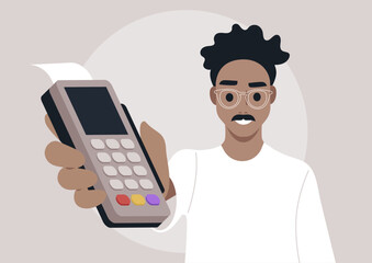 A cashier confidently holds a sleek POS terminal, ready to assist customers with fast and efficient payment processing in a vibrant retail environment.