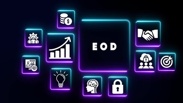 Neon Icons Representing Business Concepts Arranged Around Central EOD Text technology finance