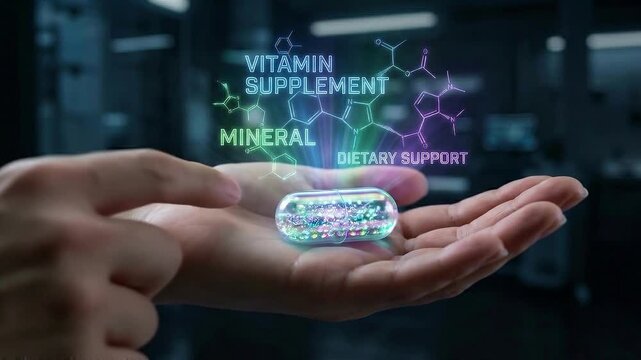 Vitamin supplement mineral capsule pill hand hologram healthcare nutrition concept, glowing medicine above palm with molecular interface in laboratory, futuristic wellness dietary support