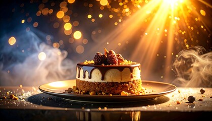 A dessert sits on a plate. The cake has chocolate drizzle and berries, with light and vapor surrounding