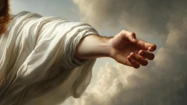 Jesus Christ's divine hand reaching from glorious heavenly clouds, symbolizing God's boundless love, spiritual salvation, profound faith, eternal grace, and ultimate hope for humanity