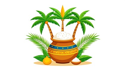 A vibrant digital illustration depicting a traditional clay pot brimming with food, palm trees, and greenery