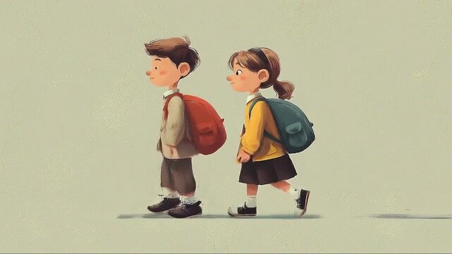 Child school backpack boy girl walking illustration cartoon student education theme, two young schoolchildren in uniform carrying bags, side view, smiling, learning journey on clean background