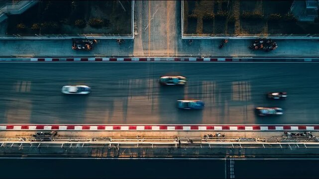 Racecar racetrack aerial view motion blur speed on asphalt curve, sunset circuit action with red white curb, pit lane, long shadows, multiple vehicles streaking in motorsport competition